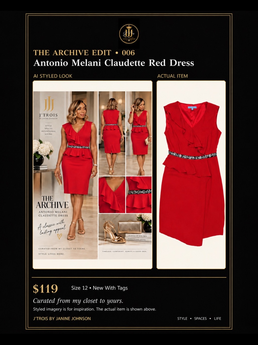 ANTONIO MELANI Red Sleeveless V-Neck Peplum Sheath Dress